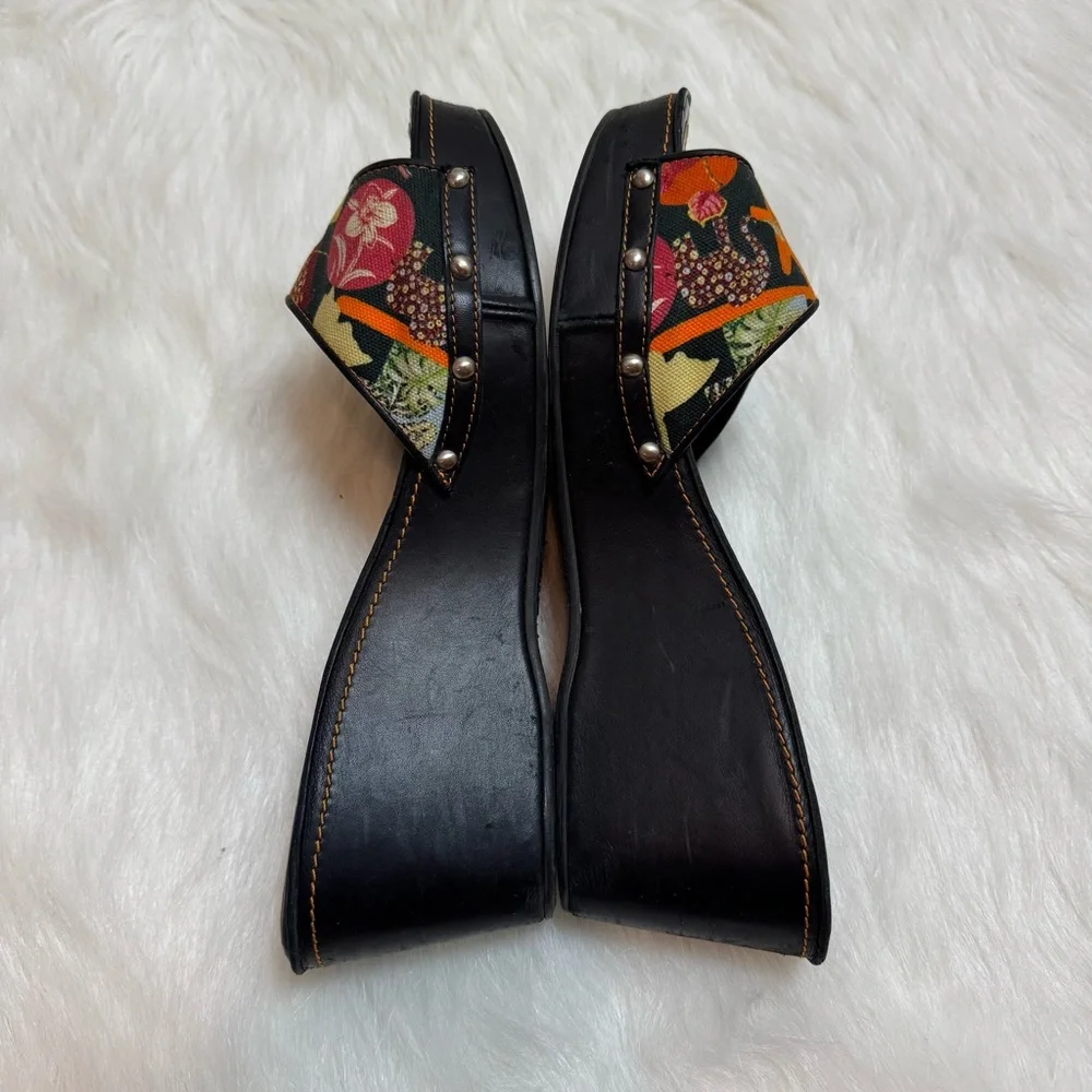 Vintage Salvatore Ferragamo Denim Studded Floral Pattern Wooden Wedges - Picture 6 of 7